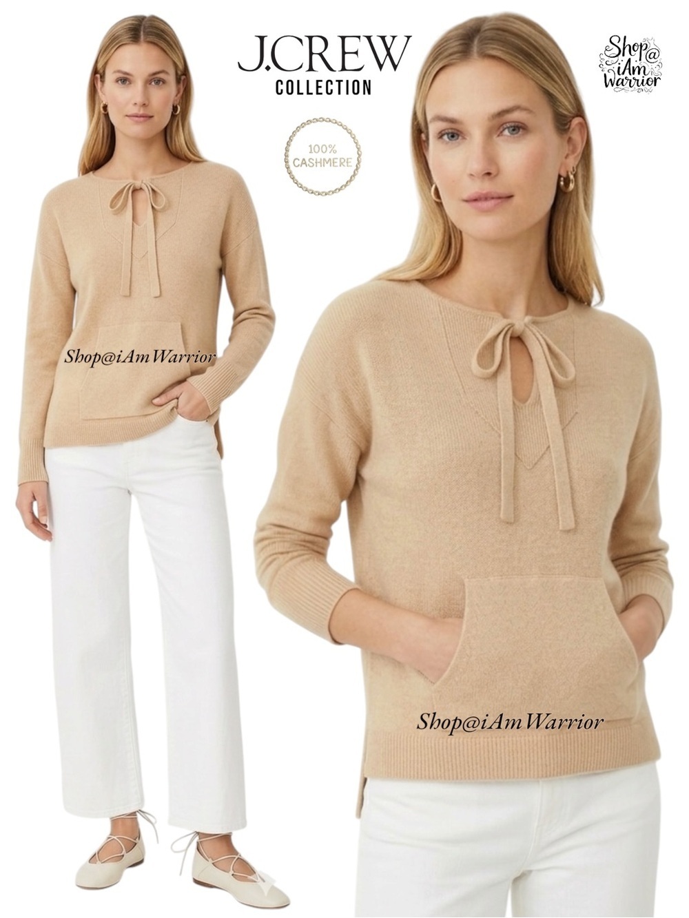 J.Crew Collection cashmere kangaroo pocket tie neck pullover shop@iamwarrior